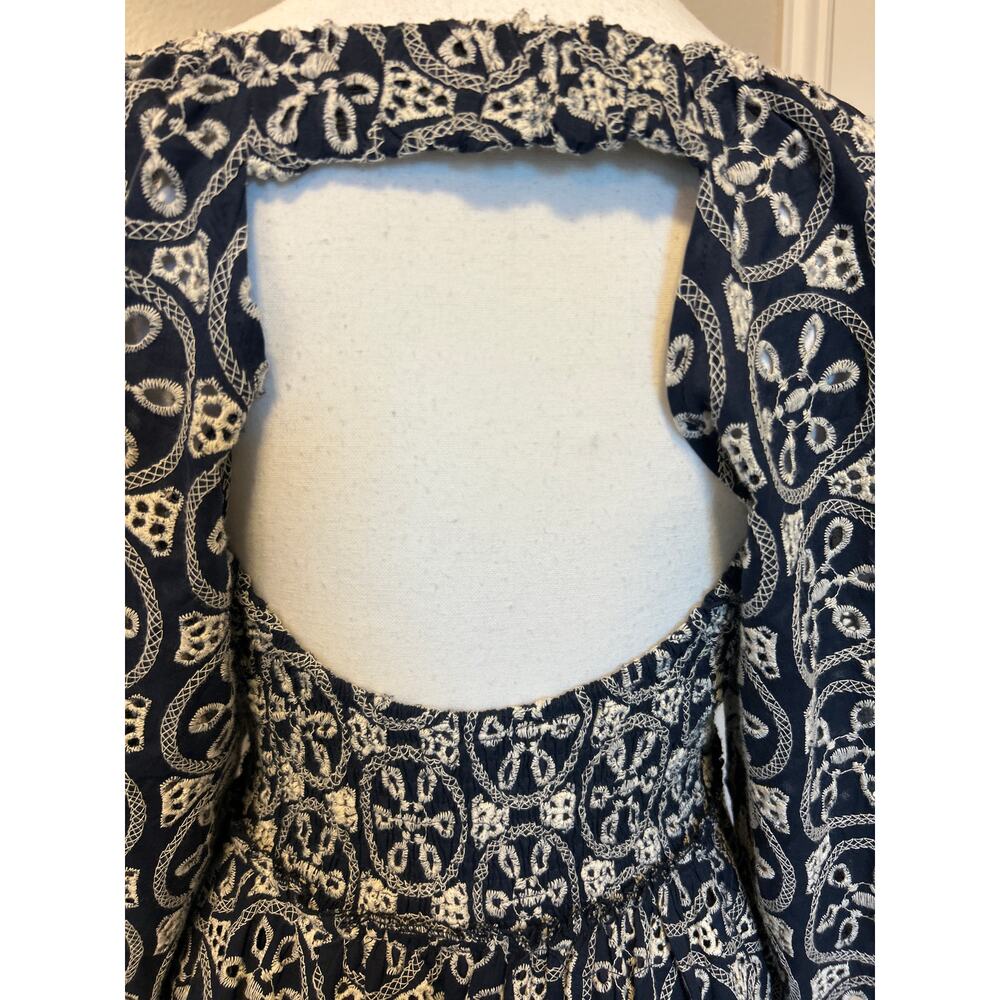 Lucca | 100% Cotton Navy/White Eyelit Babydoll Back Cutout Half Sleeve Dress | M - Picture 12 of 15